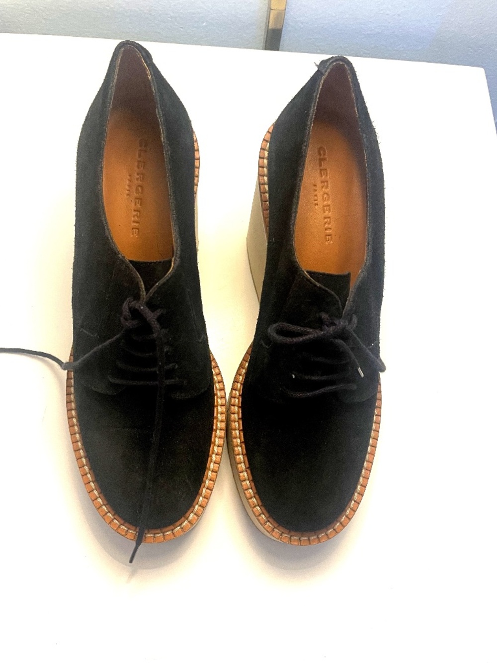 Clergerie Paris Black Suede Lace-Up Platform Wedge Oxford Sz 8